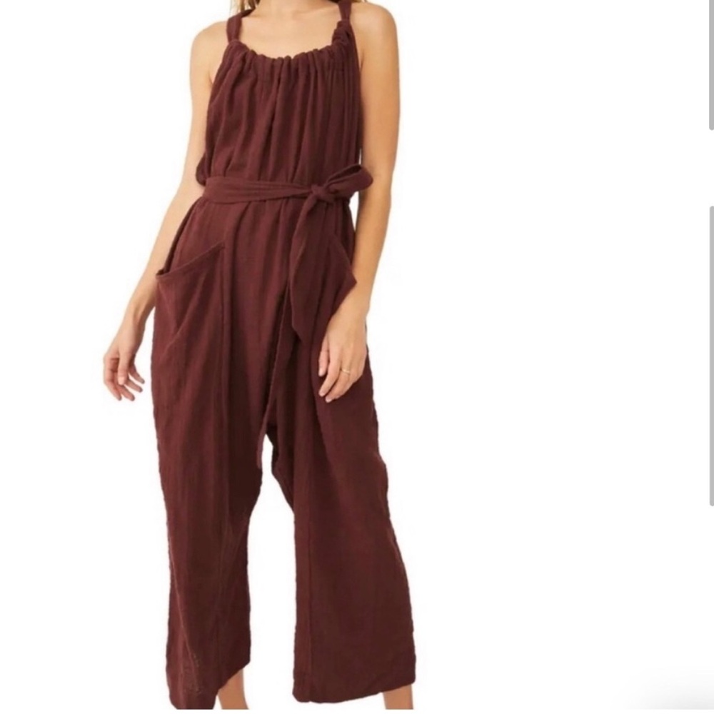 Free People Henriette Sleeveless Tie Waist Jumpsuit In Rum Raisin SMALL 1126